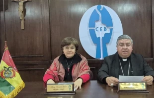 Bishop Giovanni Arana (right), secretary-general of the Bolivian Bishops’ Conference, seated beside Susana Inch, a lawyer and legal adviser to the bishops. Credit: Bolivian Bishops’ Conference