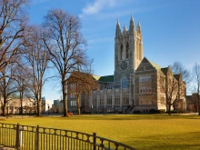Looking up of Gasson Hall on the campus of Boston College in Chestnut Hill, Massachusetts.