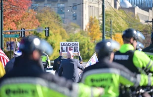 Police protect marchers at the fourth annual National Men’s March to Abolish Abortion and Rally for Personhood in Boston on Nov. 1, 2025. Credit: Brother Anthony Marie MICM