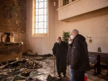 Auxiliary Bishop Ansgar Puff in the devastated Kreuzerhöhungskirche in Wissen, Germany, Feb. 15, 2023.