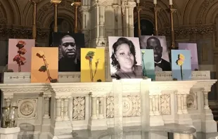 Photos of George Floyd, Breonna Taylor, and Ahmaud Arbery on a side altar at St. Francis Xavier Church in New York City. Courtesy photo. 