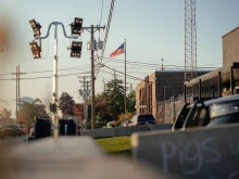 Police vehicles surround the Immigration and Customs Enforcement facility on Oct. 31, 2025, in Broadview, Illinois.