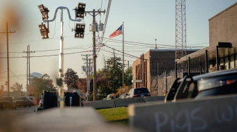 Police vehicles surround the Immigration and Customs Enforcement facility on Oct. 31, 2025, in Broadview, Illinois.