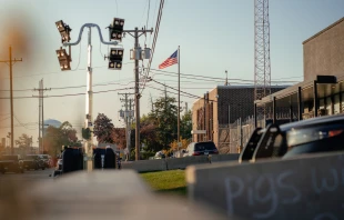 Police vehicles surround the Immigration and Customs Enforcement facility on Oct. 31, 2025, in Broadview, Illinois. Credit: Jamie Kelter Davis/Getty Images
