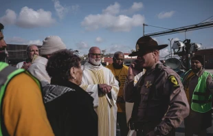 Auxiliary Bishop Jose María García-Maldonado with eight spiritual leaders including Sister JoAnn Persch attempt to bring Communion to detainees at the Broadview, Illinois, facility and were not admitted Nov. 1, 2025. Credit: Bryan Sebastian, courtesy of Coalition for Spiritual and Public Leadership