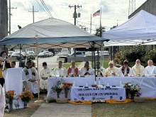 Scene from Nov. 1, 2025, Mass outside the Broadview facility near Chicago where immigration advocates allege federal authorities inhumanely treat detainees.