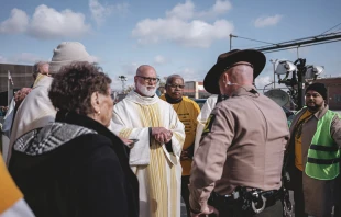 A Catholic delegation attempts to bring Communion to detainees at the Broadview, Illinois, immigration facility and was not admitted Nov. 1, 2025. Credit: Bryan Sebastian, courtesy of Coalition for Spiritual and Public Leadership