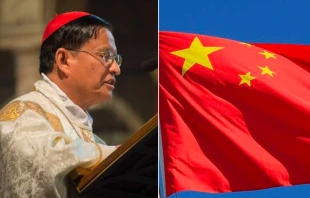 Cardinal Charles Maung Bo preaching at Westminster Cathedral in London, England, May 12, 2016. Credit: Mazur/catholicnews.org| The flag of the People's Republic of China. Credit: Gang Liu/Shutterstock