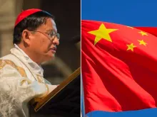 Cardinal Charles Maung Bo preaching at Westminster Cathedral in London, England, May 12, 2016. Credit: Mazur/catholicnews.org| The flag of the People's Republic of China. Credit: Gang Liu/Shutterstock