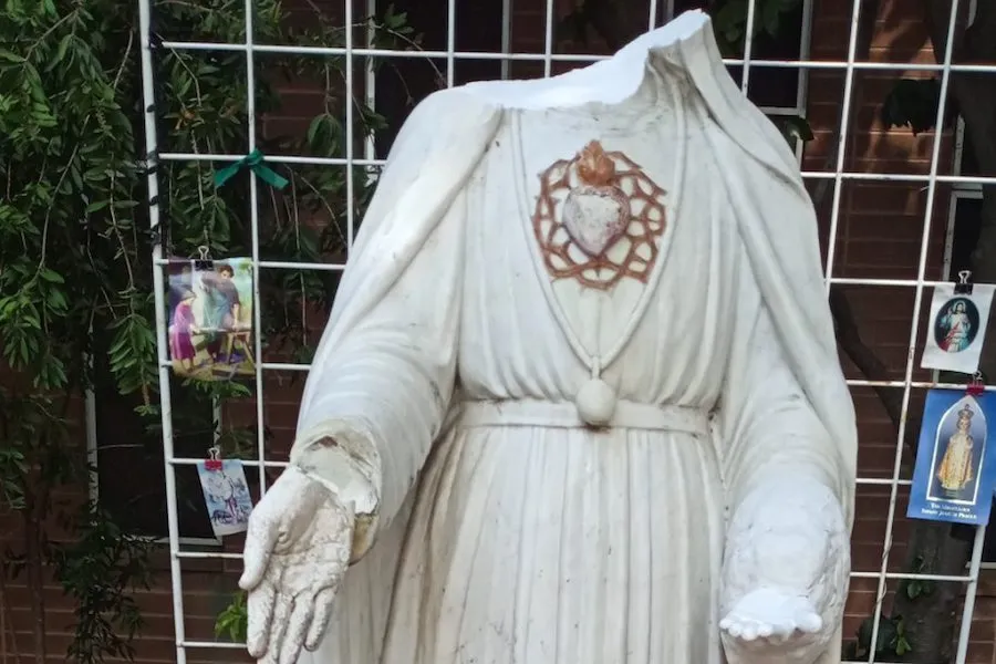 A desecrated statue of the Blessed Virgin Mary at Holy Family Parish in Citrus Heights, California. . Courtesy photo.