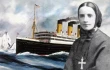 A photo of St. Frances Cabrini from 1880, the year she founded her order, is seen against a 1913 painting by Harry J. Jansen, “The Steamship Titanic.”