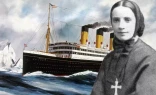 A photo of St. Frances Cabrini from 1880, the year she founded her order, is seen against a 1913 painting by Harry J. Jansen, “The Steamship Titanic.”