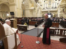 Pope Francis meets with clerics, consecrated persons, seminarians and pastoral workers of Canada at the Cathedral-Basilica of Notre-Dame de Québec in Quebec City, July 28, 2022.