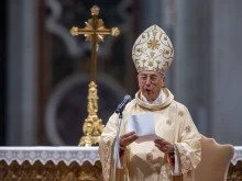 Cardinal Dominique Mamberti delivers his homily during the ninth Novendiales Mass for Pope Francis on the third Sunday of Easter, May 4, 2025, at St. Peter’s Basilica in the Vatican.