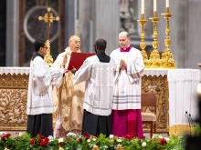 Cardinal Dominique Mamberti celebrates the ninth Novendiales Mass for Pope Francis on the third Sunday of Easter, May 4, 2025, at St. Peter’s Basilica in the Vatican.