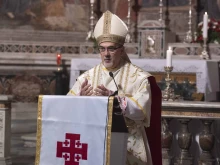 Cardinal Pierbattista Pizzaballa gives the homily at a Mass in which he took possession of his titular church, St. Onuphrius, in Rome on May 1, 2024.