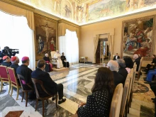 Pope Leo XIV meets with the leadership and staff of Caritas Internationalis, the Church’s global charitable network operating in more than 200 countries, on Nov. 21, 2025, at the Vatican.