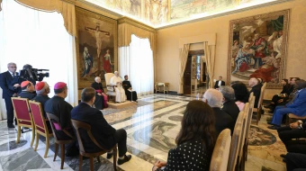 Pope Leo XIV meets with the leadership and staff of Caritas Internationalis, the Church’s global charitable network operating in more than 200 countries, on Nov. 21, 2025, at the Vatican.