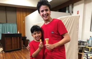 Gabriel Rovero (left) played young Carlo Acutis and Christopher La Rosa (right) played teenage Carlo Acutis in their parish’s play about Carlo Acutis, “Highway to Heaven” in Sydney, Australia. Credit: Courtesy of St. Joachim Parish, Sydney, Australia