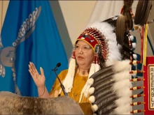 Chief  Cindy Woodhouse speaks at a ceremony in Montreal to welcome Indigenous cultural items from the Vatican. The artifacts were formally transferred to Indigenous leaders as part of the Jubilee of Hope declared by Pope Francis.