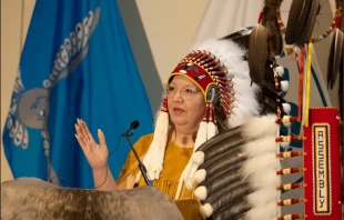 Chief  Cindy Woodhouse speaks at a ceremony in Montreal to welcome Indigenous cultural items from the Vatican. The artifacts were formally transferred to Indigenous leaders as part of the Jubilee of Hope declared by Pope Francis. Credit: Peter Stockland