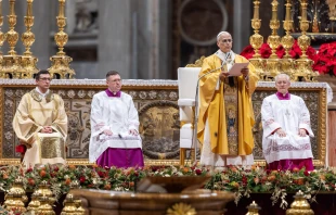Pope Leo XIV celebrates Christmas Mass during the Night in a packed St. Peter’s Basilica on Dec. 24, 2025. Credit: Daniel Ibanez/CNA