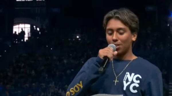 Christopher Pantelakis asks a question of Pope Leo XIV on Nov. 21, 2025, at NCYC in Indianapolis. Credit: EWTN YouTube/Screenshot