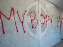 The words "My Body My Choice" appear on the Church of the Ascension in Overland Park, Kansas.