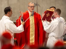 The priests’ release was credited in part to Cardinal Claudio Gugerotti, prefect of the Dicastery for the Eastern Churches, pictured here celebrating the seventh Novendiales Mass for Pope Francis on May 2, 2025.