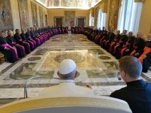 Pope Francis addresses bishops of the Syro-Malabar Catholic Church at the Vatican on Oct. 3, 2019.
