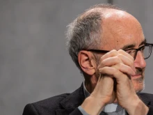 Cardinal Michael Czerny at the Vatican press office on Feb. 12, 2020.