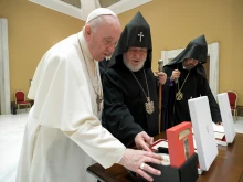 Pope Francis meets with Catholicos Karekin II, the leader of the Armenian Apostolic Church, on Oct. 16, 2021.