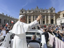 Pope Leo XIV greets those gathered for the Jubilee of Consecrated Life Mass in St. Peter’s Square on Oct. 9, 2025, at the Vatican.