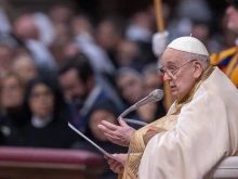 Pope Francis speaks at a Mass on the World Day of Consecrated Life, the feast of the Presentation of the Lord, on Feb. 2, 2024, in St. Peter's Basilica at the Vatican.