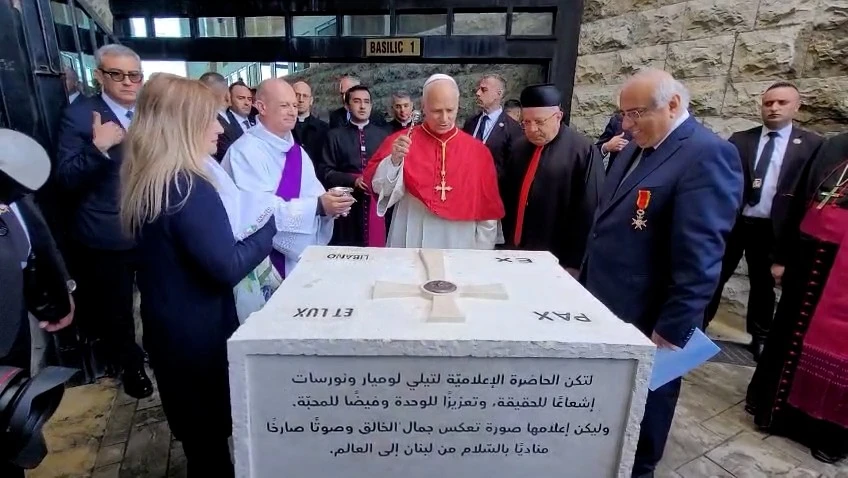 Pope Leo XIV blesses the cornerstone of a new Christian media center to be built in Lebanon at the end of a meeting with Catholic clergy and religious in Harissa, Lebanon, on Dec. 1, 2025. | Credit: Télé Lumière - Noursat.