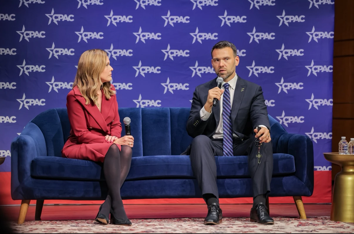 Mercedes Schlapp, Conservative Political Action Conference (CPAC) senior fellow (left), and conservative Catholic political commentator Jack Posobiec (right) discuss Christian persecution at the Summit on Ending Christian Persecution on Oct. 30, 2025, at the Kennedy Center in Washington, D.C.?w=200&h=150