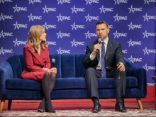 Mercedes Schlapp, Conservative Political Action Conference (CPAC) senior fellow (left), and conservative Catholic political commentator Jack Posobiec (right) discuss Christian persecution at the Summit on Ending Christian Persecution on Oct. 30, 2025, at the Kennedy Center in Washington, D.C.