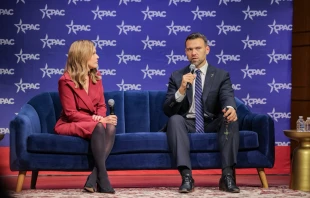Mercedes Schlapp, Conservative Political Action Conference (CPAC) senior fellow (left), and conservative Catholic political commentator Jack Posobiec (right) discuss Christian persecution at the Summit on Ending Christian Persecution on Oct. 30, 2025, at the Kennedy Center in Washington, D.C. Credit: CPAC