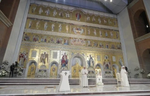 Pope Francis prays the Our Father with Daniel, Orthodox Patriarch of Romania, in the Romanian Orthodox new cathedral in Bucharest, May 31, 2019.   Vatican Media.