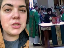 Madeline Ann Cramer (r) Cramer interrupting Mass at St. Frances Cabrini in Littleton, Colo., Oct. 10, 2021.