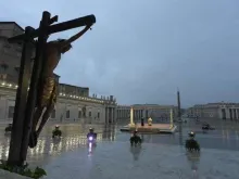 Pope Francis speaks in an empty St. Peter's Square during a holy hour and extraordinary Urbi et Orbi blessing, March 27, 2020. 