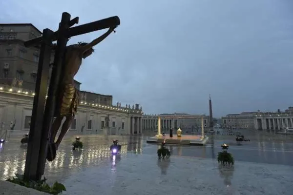 Pope Francis speaks in an empty St. Peter's Square during a holy hour and extraordinary Urbi et Orbi blessing, March 27, 2020. Vatican Media/CNA