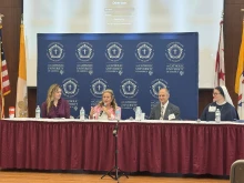Kat Talalas, Amy Ford, Christopher Bell, and Sister Maria Frassati, SV, speak at the Leading with Love Conference at The Catholic University of America in Washington, D.C., on Oct. 8, 2025.