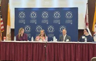 Kat Talalas, Amy Ford, Christopher Bell, and Sister Maria Frassati, SV, speak at the Leading with Love Conference at The Catholic University of America in Washington, D.C., on Oct. 8, 2025. Credit: Tessa Gervasini/CNA
