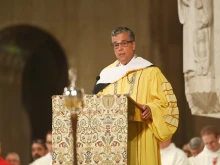 Peter Kilpatrick, the new president of The Catholic University of America, addresses students, staff, and faculty at the Mass of the Holy Spirit on Sept. 1, 2022, at the Basilica of the National Shrine of the Immaculate Conception in Washington, D.C.