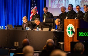 The plenary assembly of the United States Conference of Catholic Bishops gets underway on Nov. 11, 2025, at the Baltimore Marriott Waterfront. First row, left to right: Father Michael J.K. Fuller, general secretary; Archbishop Timothy P. Broglio, president, and Archbishop William E. Lori, vice president. Credit: Jack Haskins/EWTN News