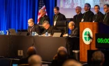 The plenary assembly of the United States Conference of Catholic Bishops gets underway on Nov. 11, 2025, at the Baltimore Marriott Waterfront. First row, left to right: Father Michael J.K. Fuller, general secretary; Archbishop Timothy P. Broglio, president, and Archbishop William E. Lori, vice president.