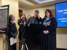 Randall Terry (at podium), spokesman for the Progressive Anti-Abortion Uprising, and other members of the pro-life group react to video images and photos of what the group says are the remains of 115 aborted babies it claims to have obtained from the disposed biohazard waste of an abortion clinic in Washington, D.C. The group held a press conference on April 5, 2022, in Washington, D.C.