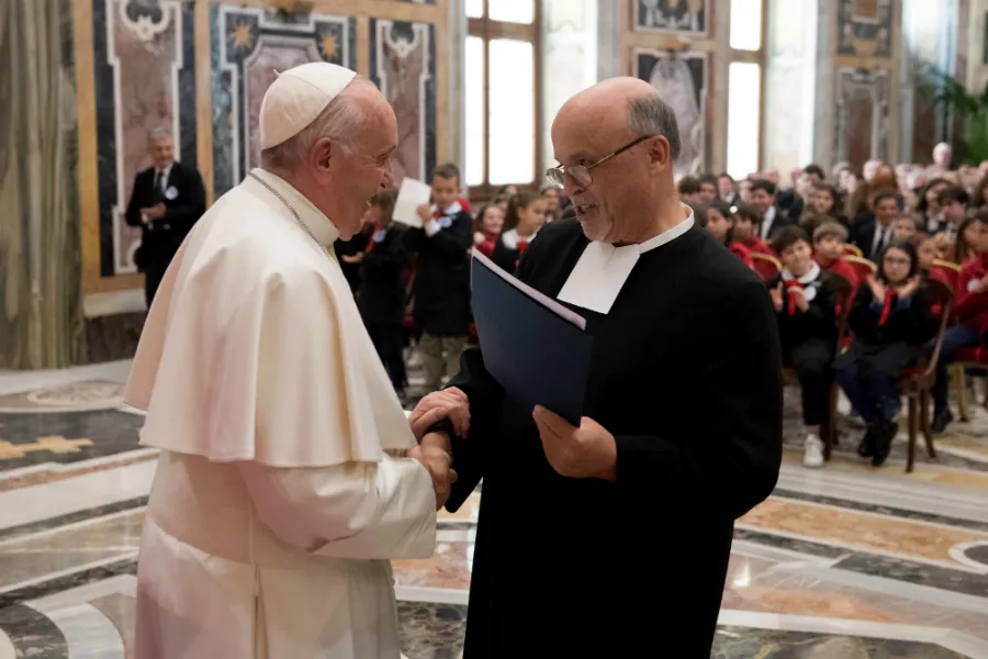 Pope Francis greets a representative of the De La Salle Brothers at the Vatican's Clementine Hall, May 16, 2019. ?w=200&h=150