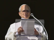 Pope Leo XIV prays the Angelus prayer on the solemnity of the Immaculate Conception on Dec. 8, 2025.